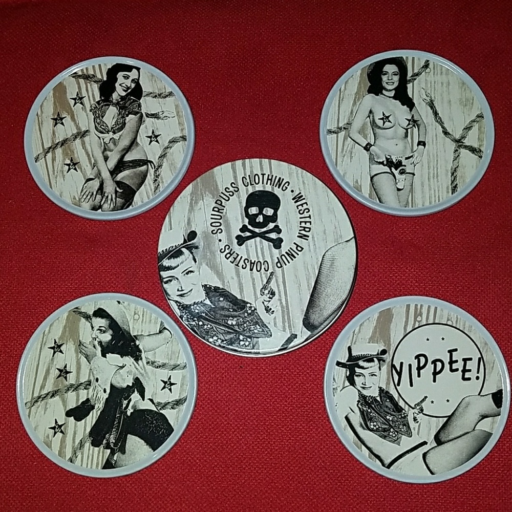 Sourpuss Old Western Retro 1940's Style Pinup Nude Girls Set of 4 Coasters Tin